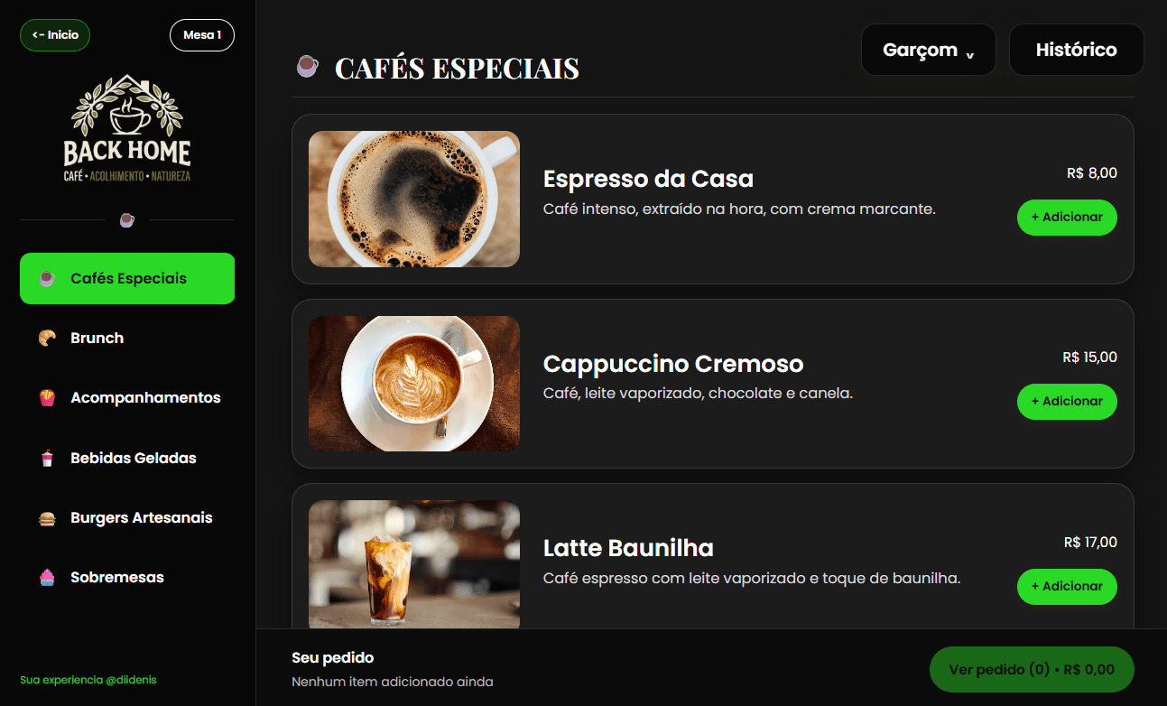 Cardápio real do DeNode Tablet aberto na mesa