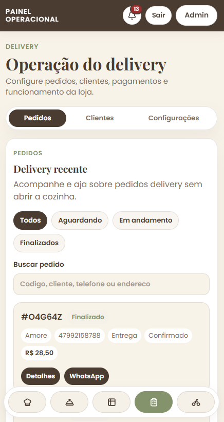 Admin acompanha o delivery